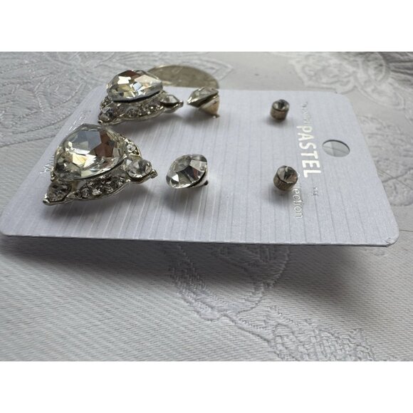 Pastel Rhinestone Silver Tone Dangle Drop CZ Triangle Stud 2 Pair Earrings NEW - Picture 4 of 6